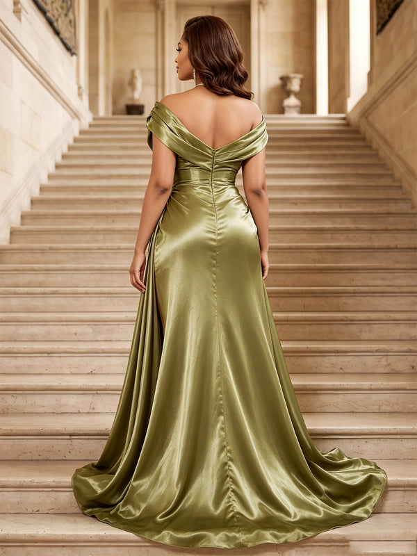 A-Line/Princess Evening Dresses Formal Ruched Satin One-Shoulder Sleeveless Floor-Length Side Slit