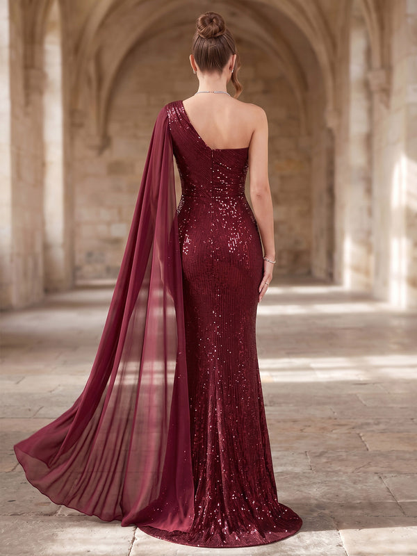 Mermaid Evening Dresses Elegant Sequins Floor-Length Sleeveless One-Shoulder With Cape Zipper Formal Dresses