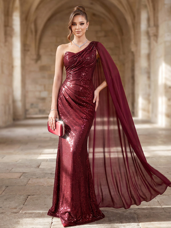 Mermaid Evening Dresses Elegant Sequins Floor-Length Sleeveless One-Shoulder With Cape Zipper Formal Dresses