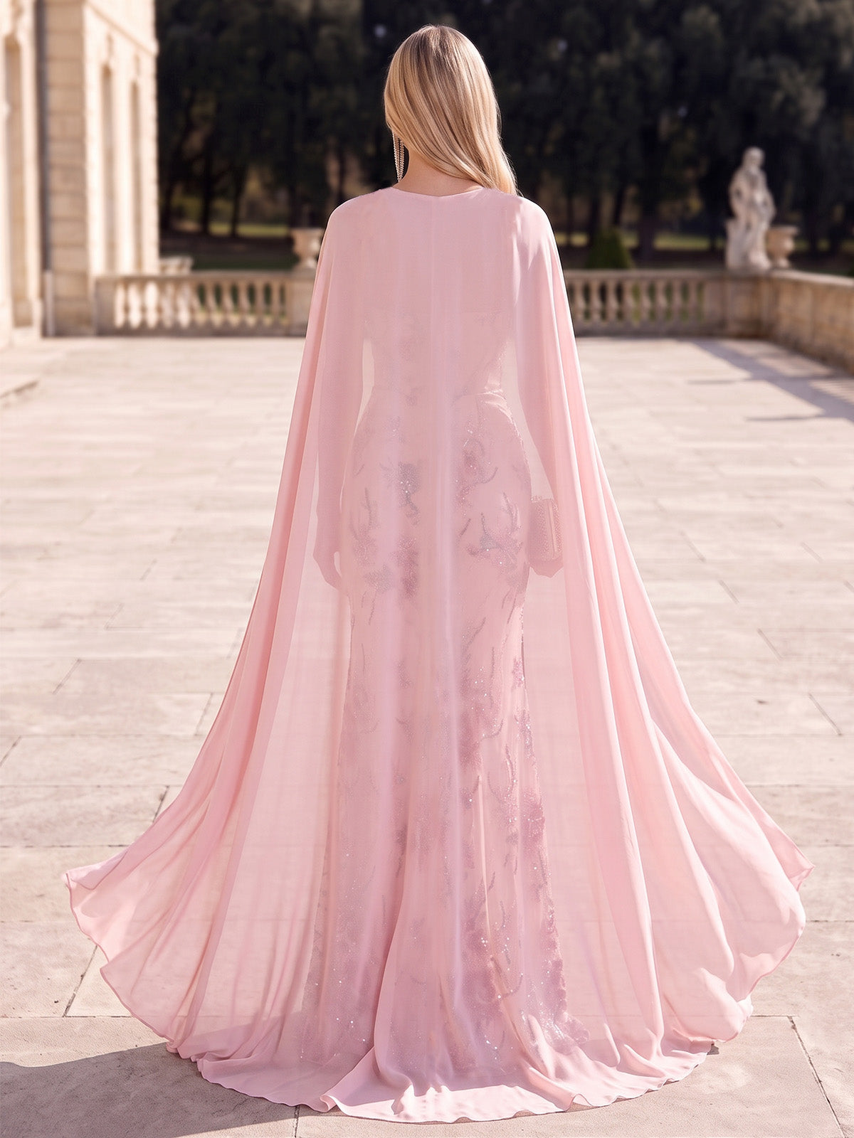 Mermaid Evening Dresses Floral Sequins Strapless Sleeveless Floor-Length Sparkle With Cape