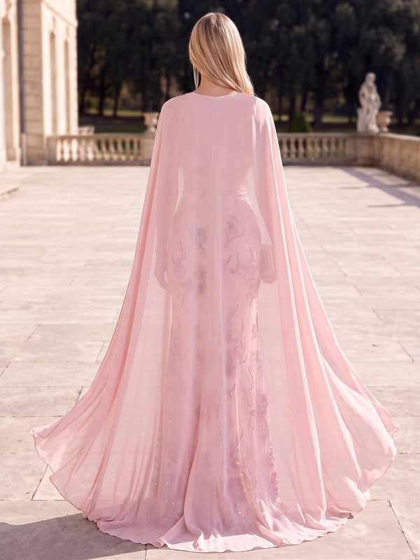 Mermaid Evening Dresses Floral Sequins Strapless Sleeveless Floor-Length Sparkle With Cape