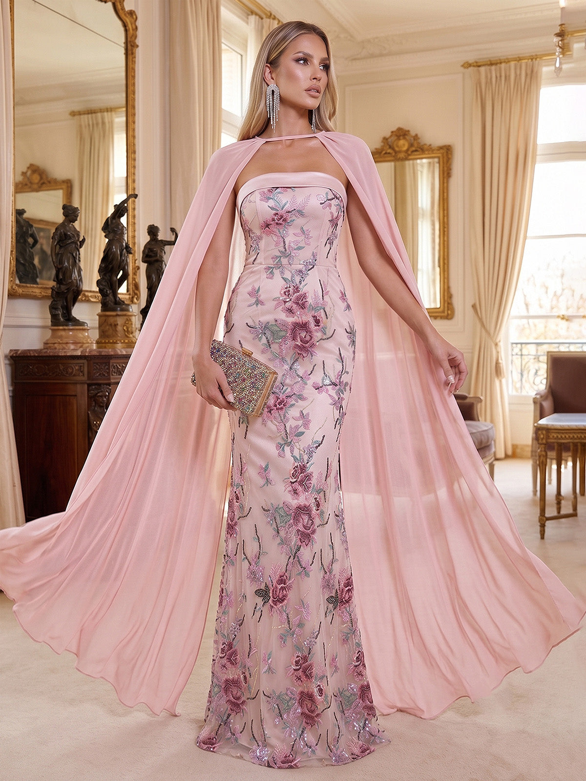 Mermaid Evening Dresses Floral Sequins Strapless Sleeveless Floor-Length Sparkle With Cape