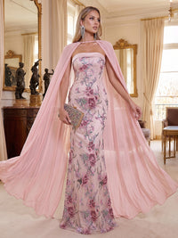 Mermaid Evening Dresses Floral Sequins Strapless Sleeveless Floor-Length Sparkle With Cape