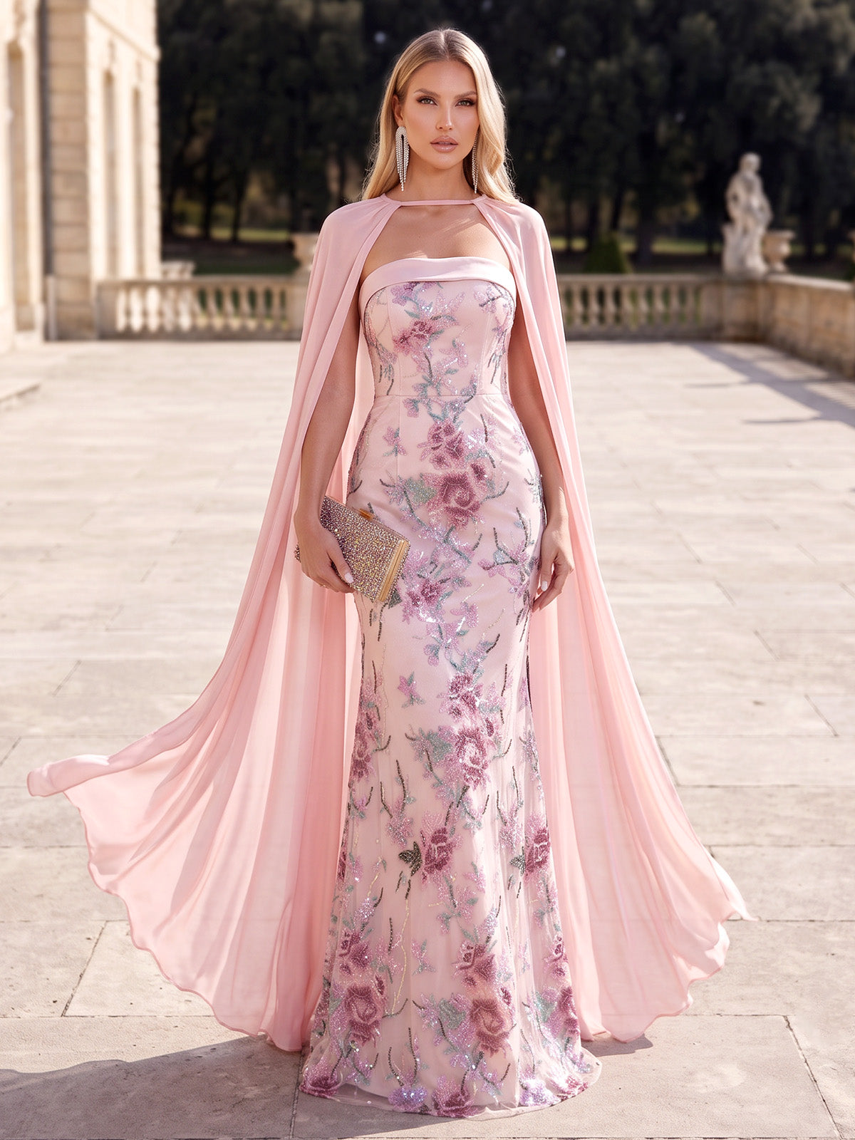 Mermaid Evening Dresses Floral Sequins Strapless Sleeveless Floor-Length Sparkle With Cape