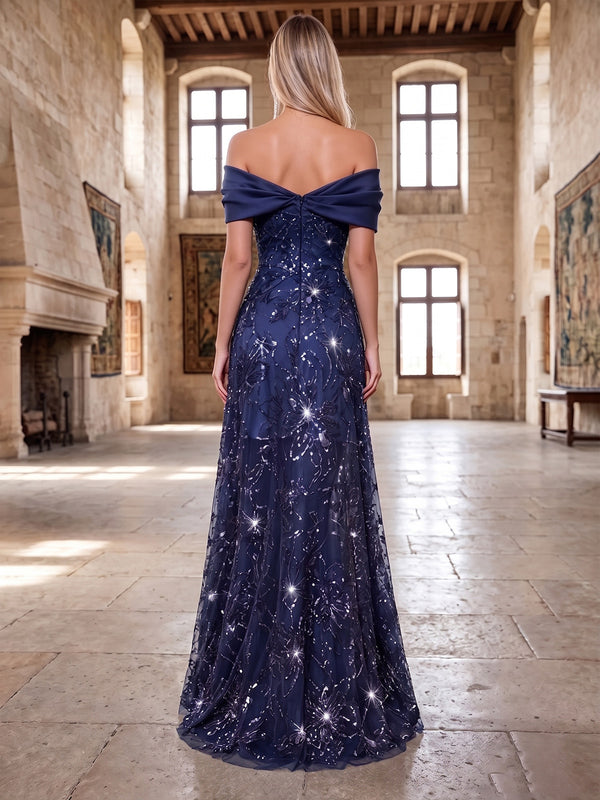 A-Line/Princess Evening Dresses Floral Sequined Embroidery Off-The-Shoulder Short Sleeves Floor-Length Zipper