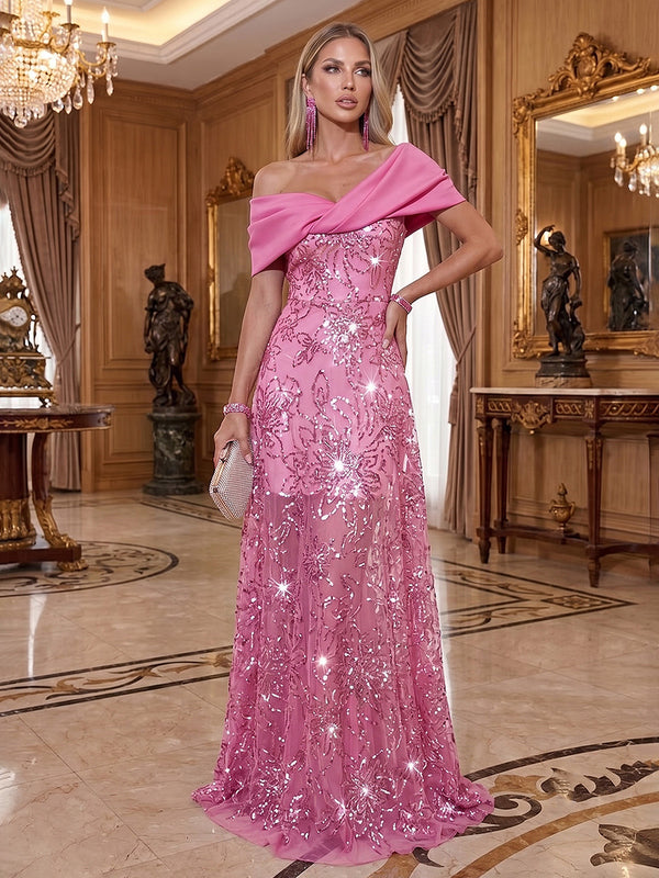 A-Line/Princess Evening Dresses Floral Sequined Embroidery Off-The-Shoulder Short Sleeves Floor-Length Zipper