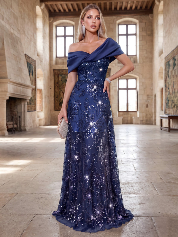 A-Line/Princess Evening Dresses Floral Sequined Embroidery Off-The-Shoulder Short Sleeves Floor-Length Zipper