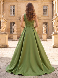 Sheath/Column Evening Dresses Elegant Floral Sequins Satin Floor-Length Sleeveless One-Shoulder With Overskirt