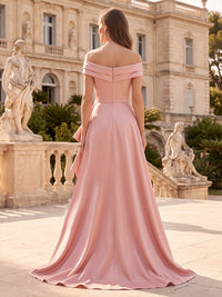 Sheath/Column Evening Dresses Elegant Sequins Satin Floor-Length Off-The-Shoulder Short Sleeves With Overskirt Ruched Zipper