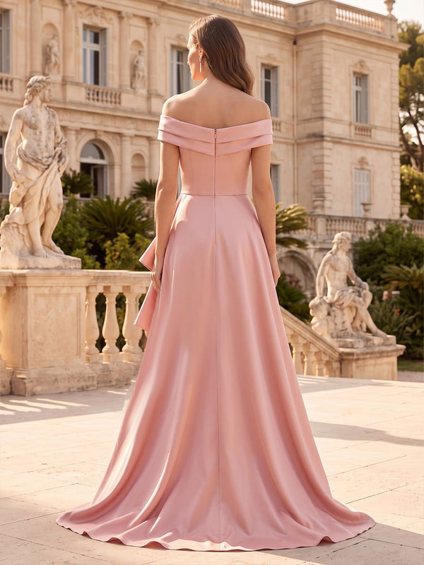 Sheath/Column Evening Dresses Elegant Sequins Satin Floor-Length Off-The-Shoulder Short Sleeves With Overskirt Ruched Zipper