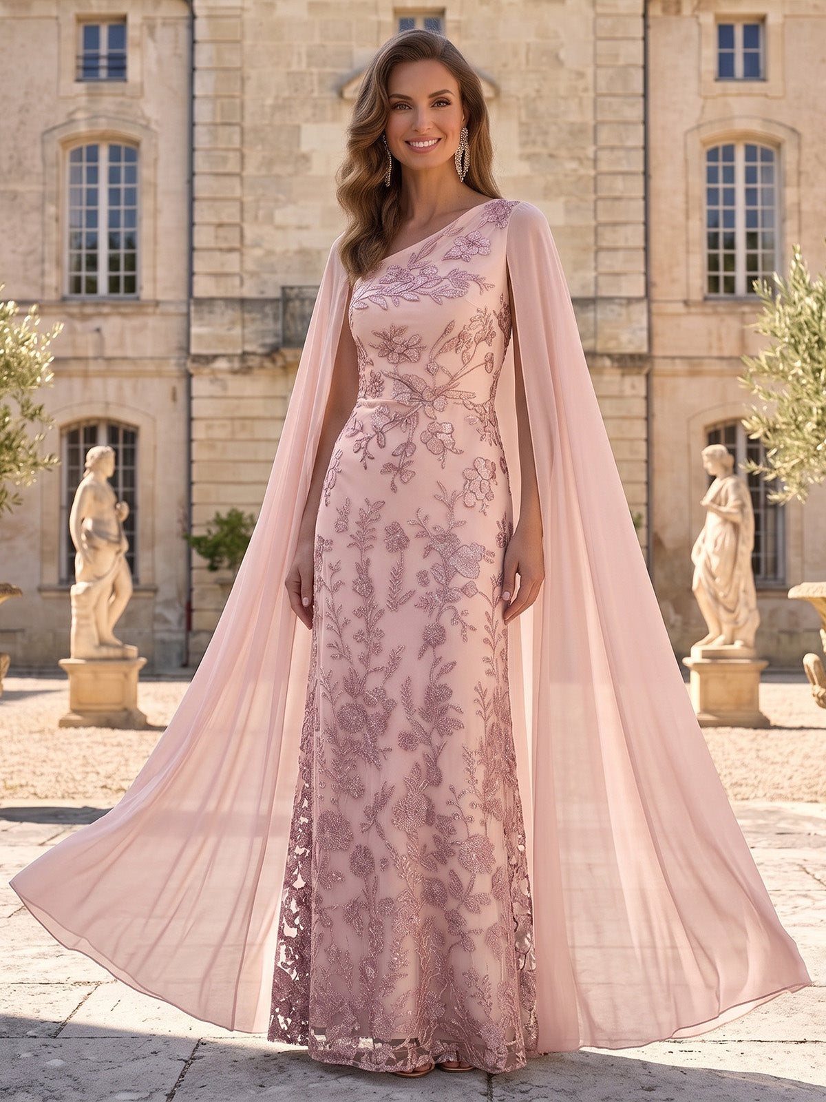 Sheath/Column Evening Dresses Elegant Floral Embroidery Floor-Length Sleeveless One-Shoulder With Cape