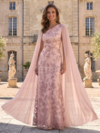 Sheath/Column Evening Dresses Elegant Floral Embroidery Floor-Length Sleeveless One-Shoulder With Cape