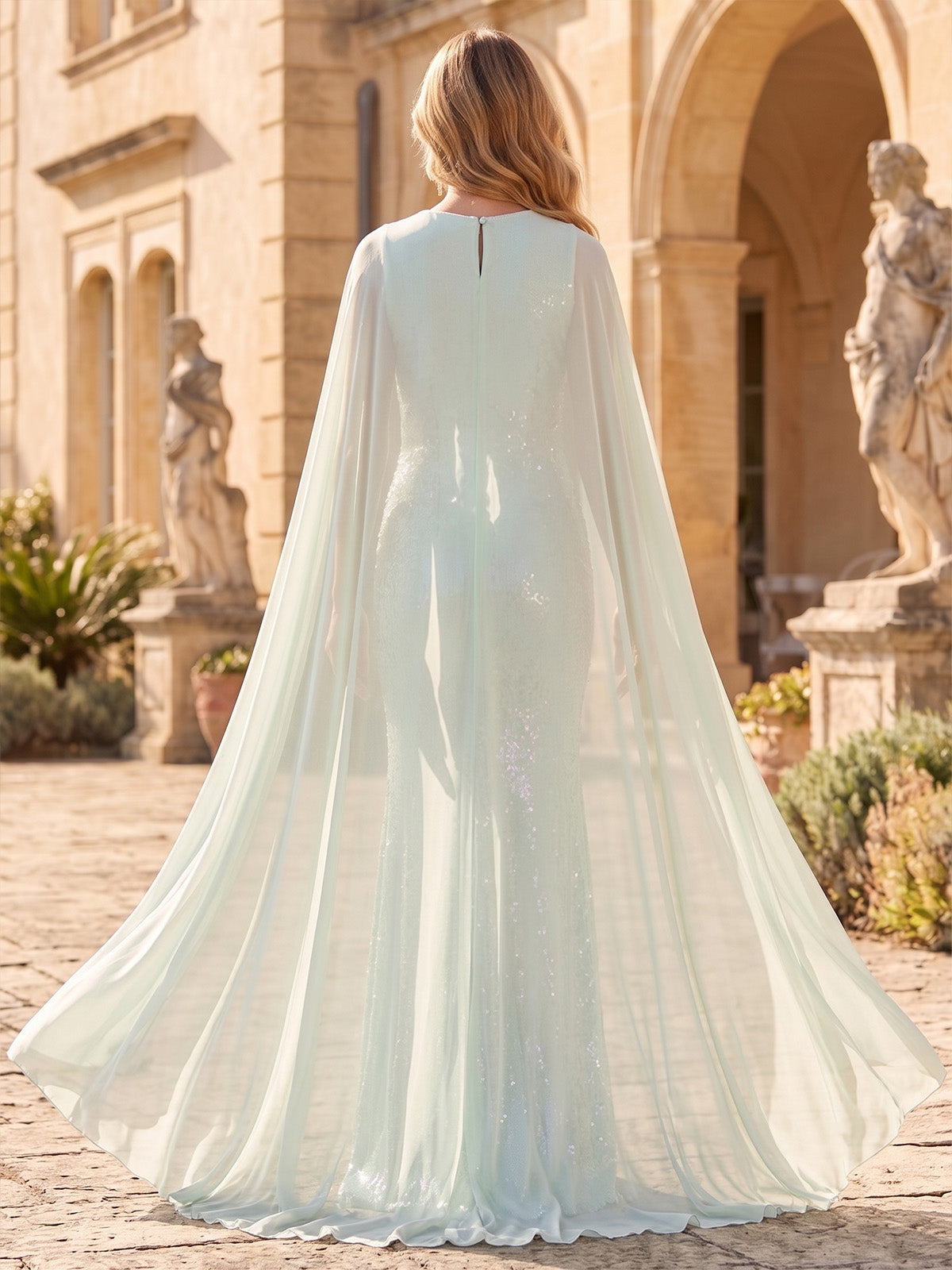 Sheath/Column Evening Dresses Sequins Bateau Neck Sleeveless Floor-Length With Cape