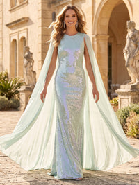 Sheath/Column Evening Dresses Sequins Bateau Neck Sleeveless Floor-Length With Cape