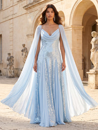 A-Line/Princess Evening Dresses Sequins Chiffon Pleated V-Neck Cape Sleeves Floor-Length Ruched Zipper Formal Dresses