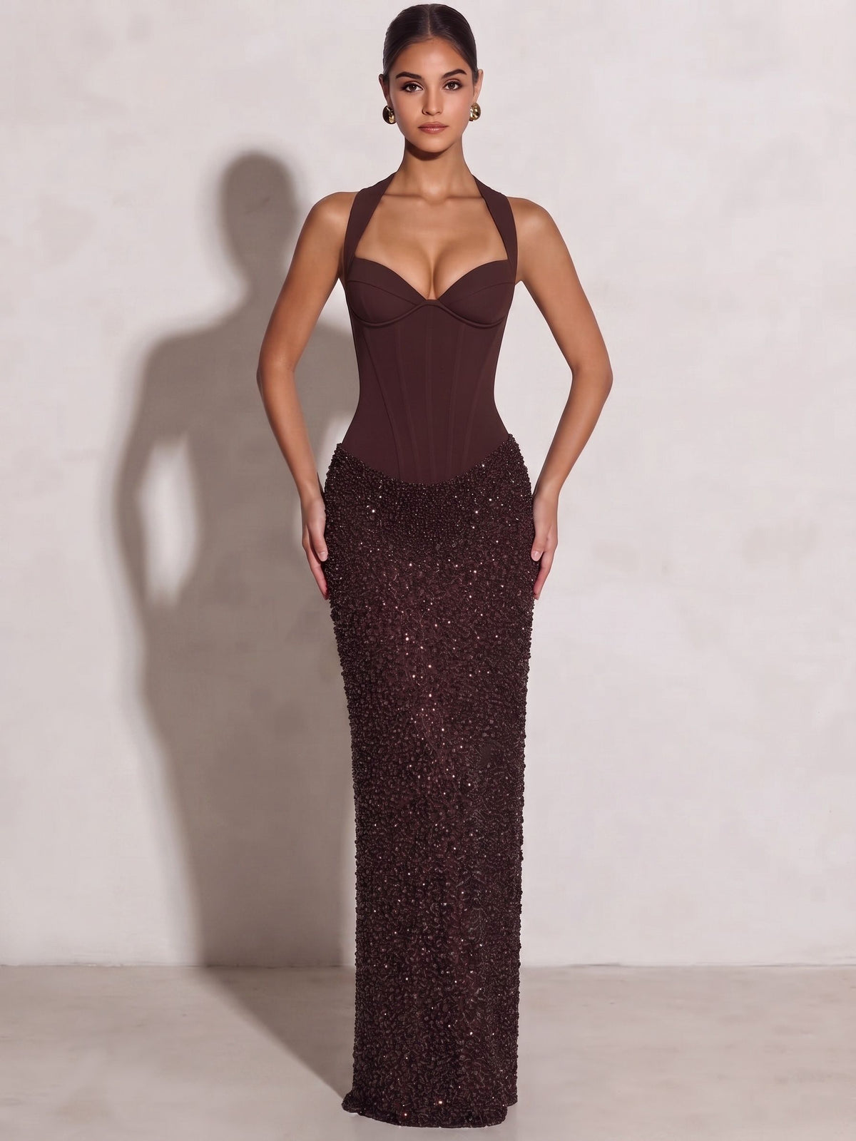 Sheath/Column Evening Dresses Halter Neck Sleeveless Floor-Length Sequins Lace-Up Formal Wedding Guest Dresses