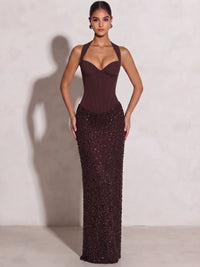 Sheath/Column Evening Dresses Halter Neck Sleeveless Floor-Length Sequins Lace-Up Formal Wedding Guest Dresses