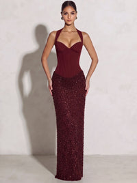Sheath/Column Evening Dresses Halter Neck Sleeveless Floor-Length Sequins Lace-Up Formal Wedding Guest Dresses
