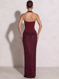 Sheath/Column Evening Dresses Halter Neck Sleeveless Floor-Length Sequins Lace-Up Formal Wedding Guest Dresses