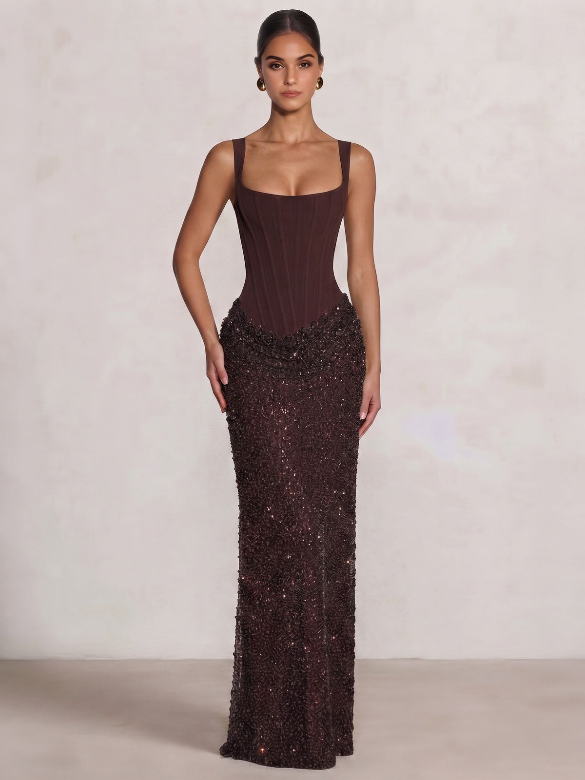 Sheath/Column Evening Dresses Square Neck Sleeveless Spaghetti Strap Floor-Length Sequins Lace-Up Formal Wedding Guest Dresses