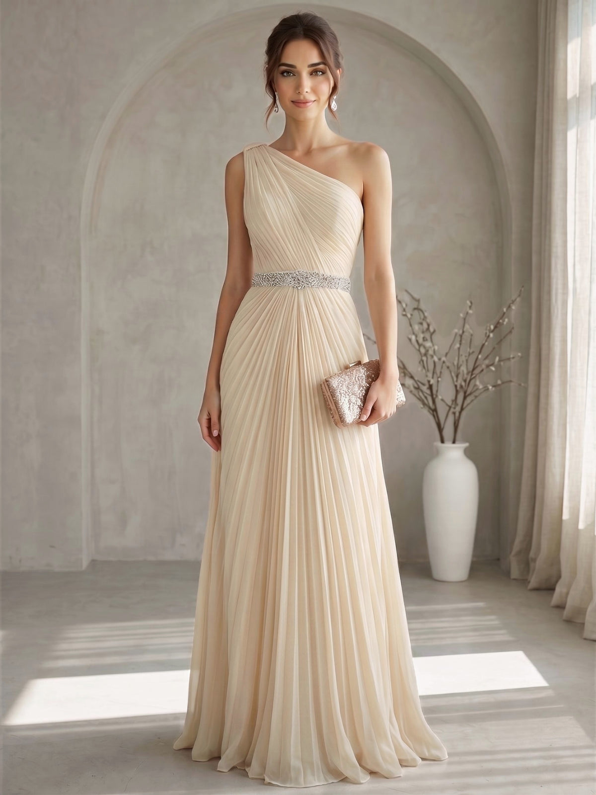 A Line/Princesses Evening Dresses Elegant Chiffon One-Shoulder Floor-Length Formal Dress Wedding Guest Pleated With Rhinestone
