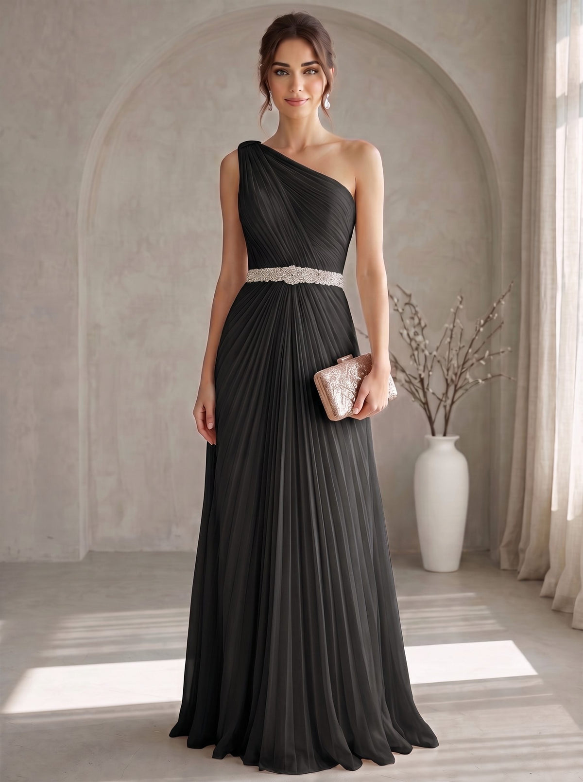 A Line/Princesses Evening Dresses Elegant Chiffon One-Shoulder Floor-Length Formal Dress Wedding Guest Pleated With Rhinestone