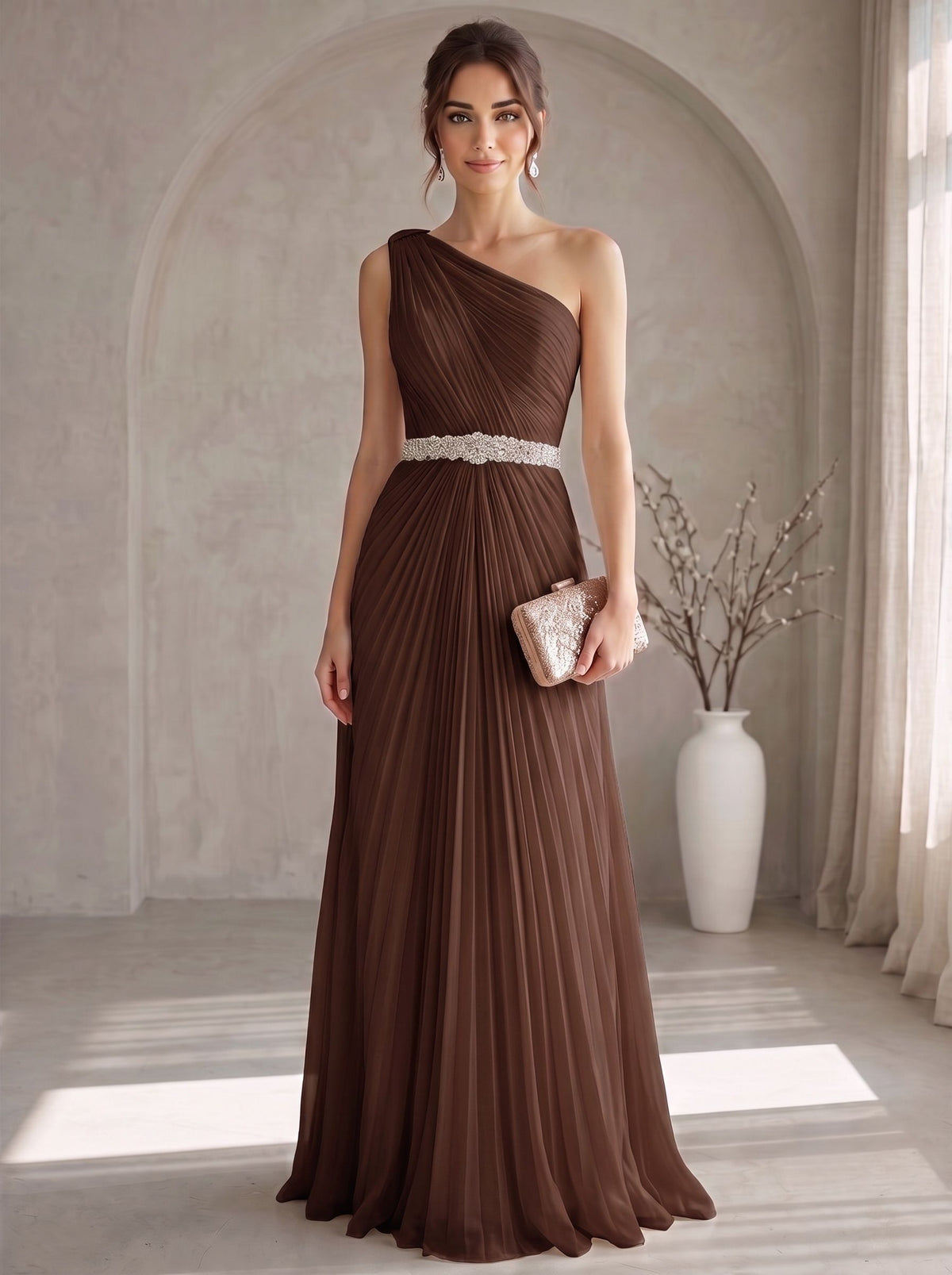 A Line/Princesses Evening Dresses Elegant Chiffon One-Shoulder Floor-Length Formal Dress Wedding Guest Pleated With Rhinestone