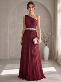 A Line/Princesses Evening Dresses Elegant Chiffon One-Shoulder Floor-Length Formal Dress Wedding Guest Pleated With Rhinestone