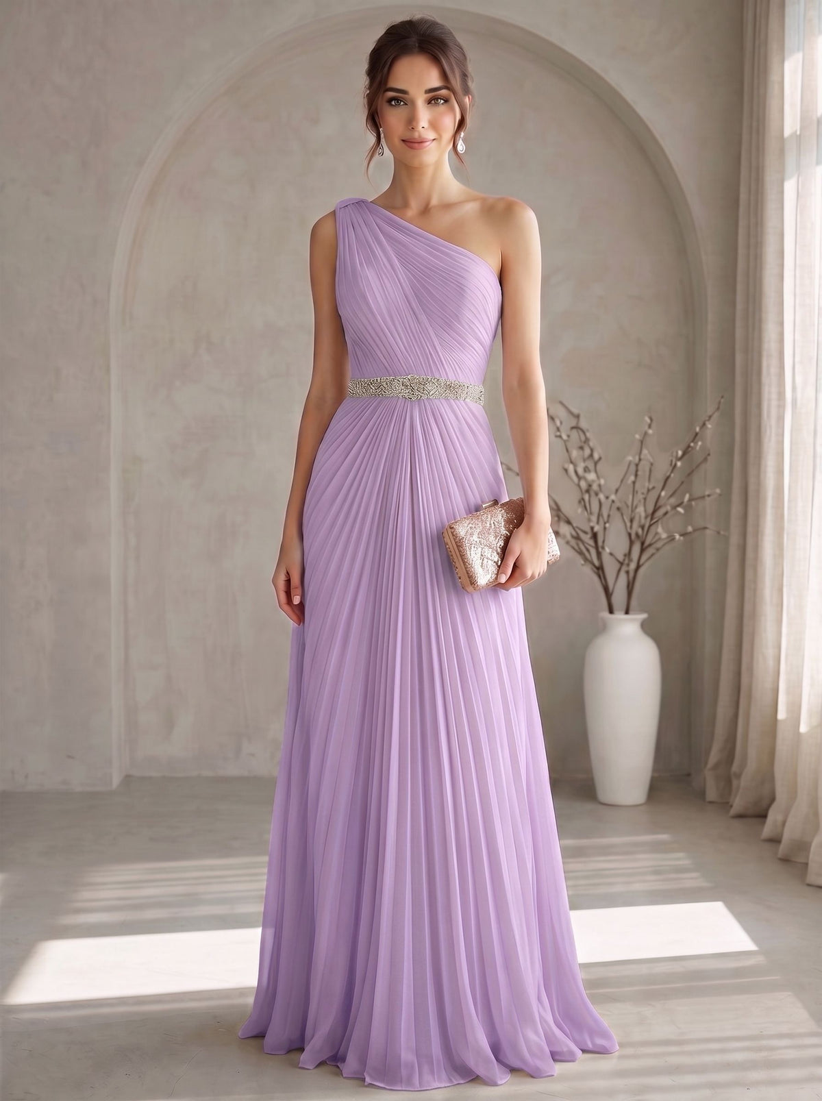 A Line/Princesses Evening Dresses Elegant Chiffon One-Shoulder Floor-Length Formal Dress Wedding Guest Pleated With Rhinestone