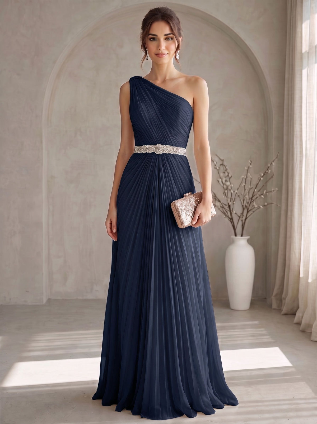 A Line/Princesses Evening Dresses Elegant Chiffon One-Shoulder Floor-Length Formal Dress Wedding Guest Pleated With Rhinestone