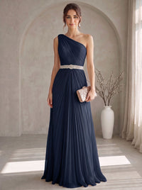 A Line/Princesses Evening Dresses Elegant Chiffon One-Shoulder Floor-Length Formal Dress Wedding Guest Pleated With Rhinestone
