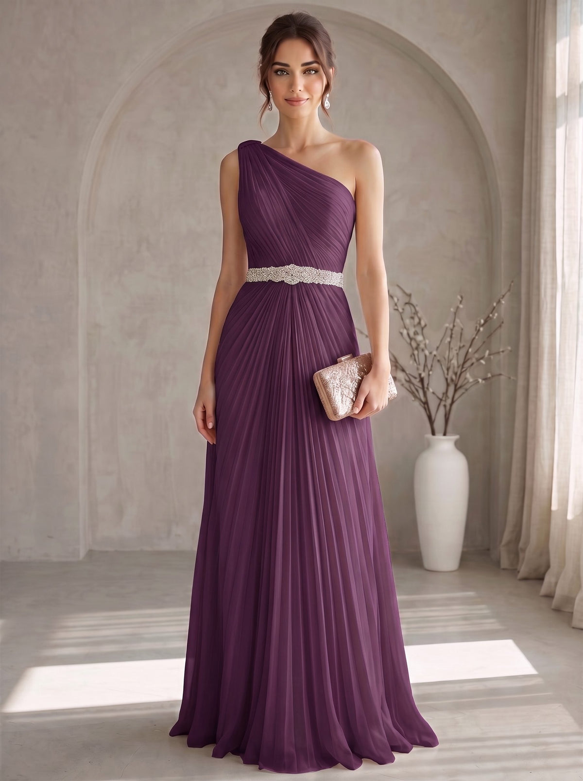 A Line/Princesses Evening Dresses Elegant Chiffon One-Shoulder Floor-Length Formal Dress Wedding Guest Pleated With Rhinestone