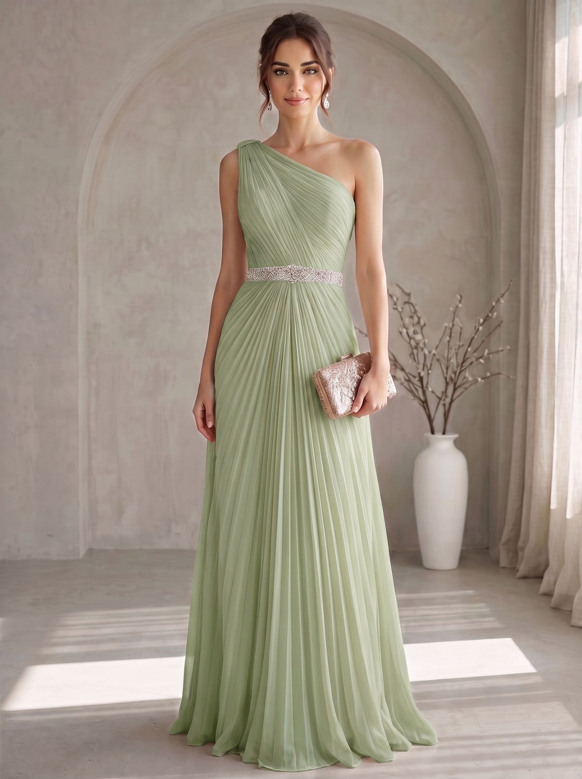 A Line/Princesses Evening Dresses Elegant Chiffon One-Shoulder Floor-Length Formal Dress Wedding Guest Pleated With Rhinestone