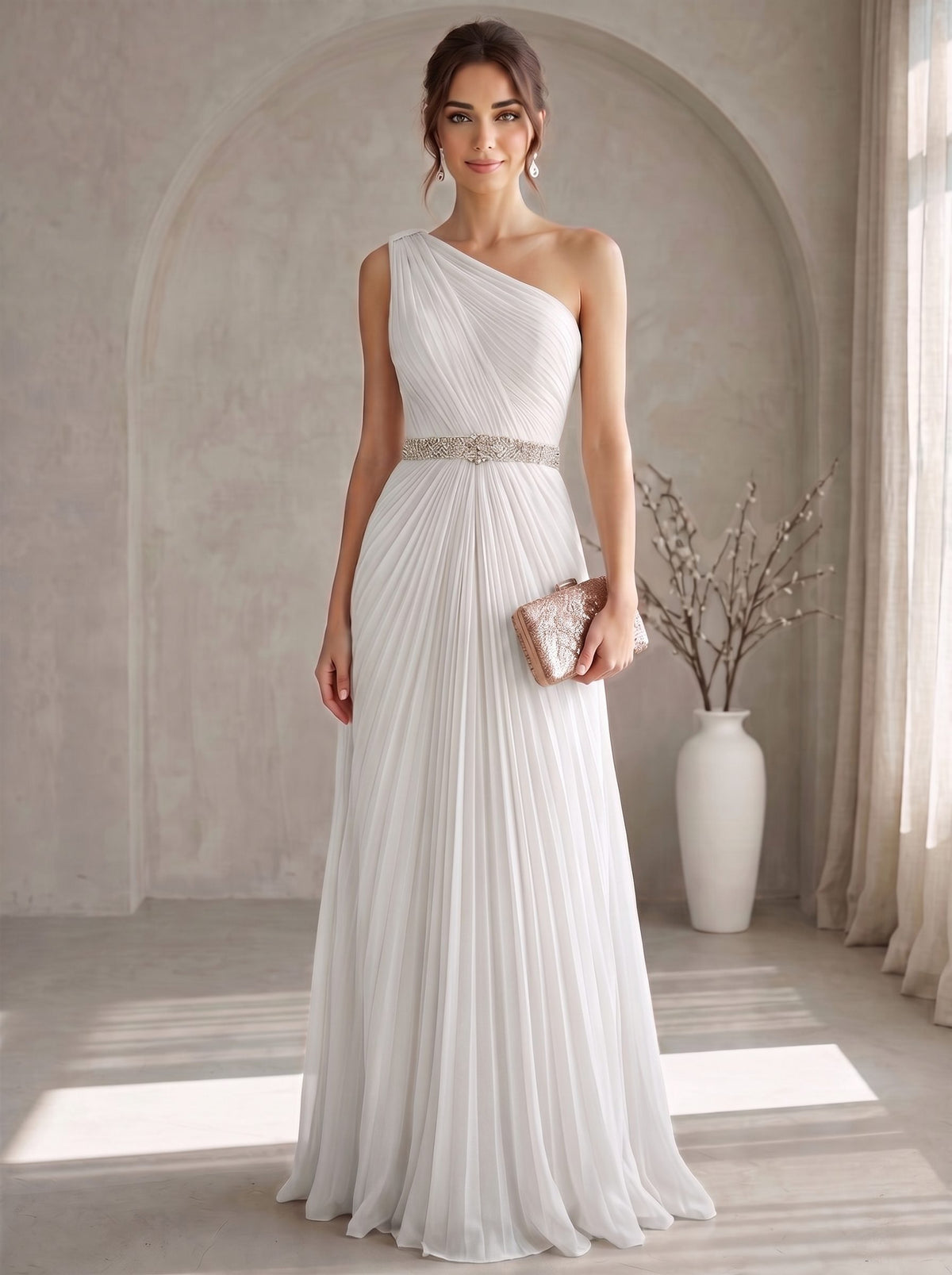 A Line/Princesses Evening Dresses Elegant Chiffon One-Shoulder Floor-Length Formal Dress Wedding Guest Pleated With Rhinestone