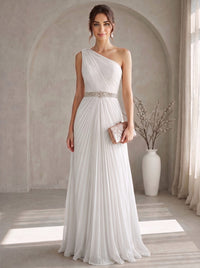 A Line/Princesses Evening Dresses Elegant Chiffon One-Shoulder Floor-Length Formal Dress Wedding Guest Pleated With Rhinestone
