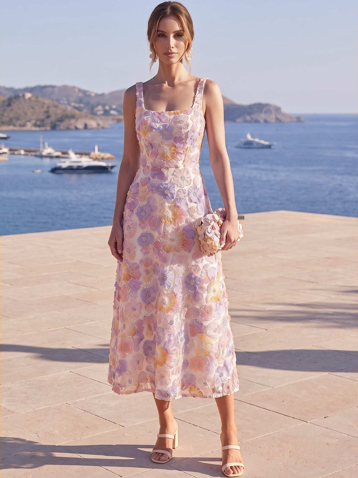 Sheath Cocktail Dress Elegant Floral Applique Dress Tea Length Wedding Guest Dress 