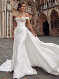 Trumpet/Mermaid Luxury Off The Shoulder Floor-length Lace Wedding Dress Beaded Rhinestone WIth Train