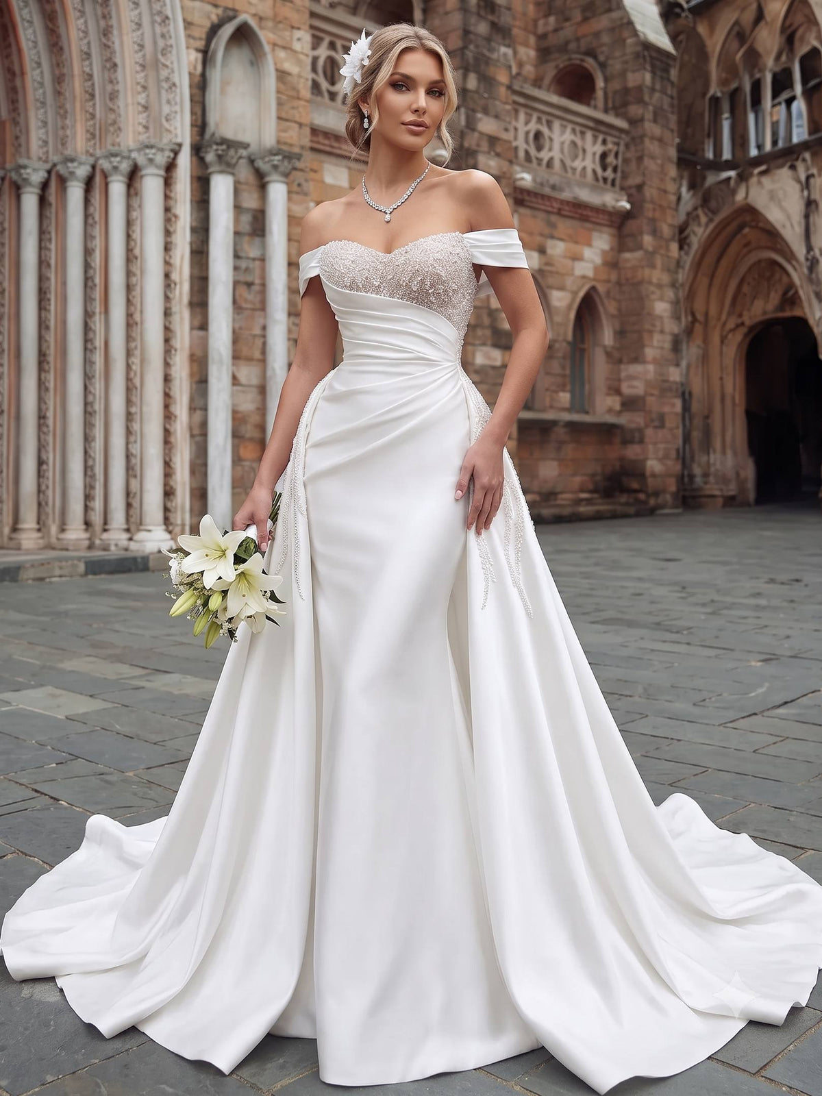 Trumpet/Mermaid Luxury Off The Shoulder Floor-length Lace Wedding Dress Beaded Rhinestone WIth Train