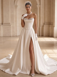 A-Line Wedding Dress Strapless Satin Sleeveless Wedding Dresses With High Split