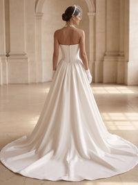A-Line Wedding Dress Strapless Satin Sleeveless Wedding Dresses With High Split