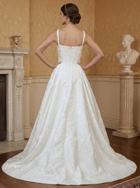 A-Line Wedding Dress Floral Jacquard Luxury Sleeveless Spaghetti Straps Floor-length Dress