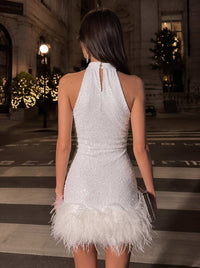 Sheath/Column Sequined Homecoming Dresses Halter Sleeveless Sexy Short  With Feather Fur