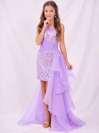 Girls Sequined One Shoulder Purple Flower Girl Dress Jumpsuit With Detachable Mesh Train Party Dress