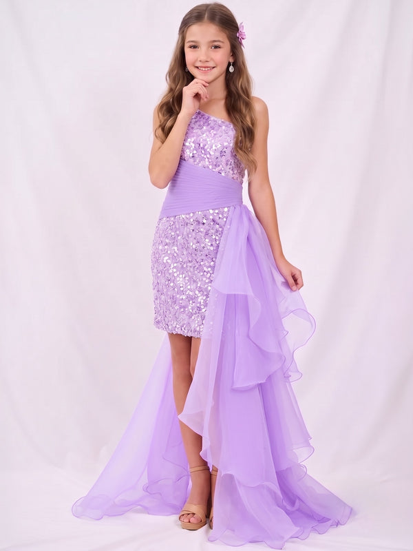 Girls Sequined One Shoulder Purple Flower Girl Dress Jumpsuit With Detachable Mesh Train Party Dress