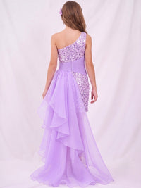 Girls Sequined One Shoulder Purple Flower Girl Dress Jumpsuit With Detachable Mesh Train Party Dress