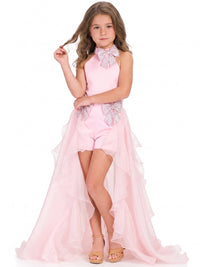 Kids Jumpsuit Flower Girl Dress  Pink Satin Halter With Ruffle Overskirt Sparkling Rhinestone Bow Dress