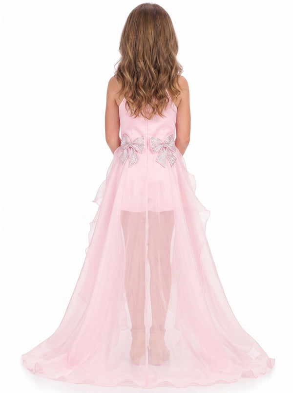 Kids Jumpsuit Flower Girl Dress  Pink Satin Halter With Ruffle Overskirt Sparkling Rhinestone Bow Dress