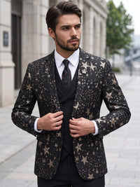 Men's Luxury Black Star Pattern Glitter Blazer Slim Fit Cotton Blend Single Breasted One Button Tuxedo Jacket