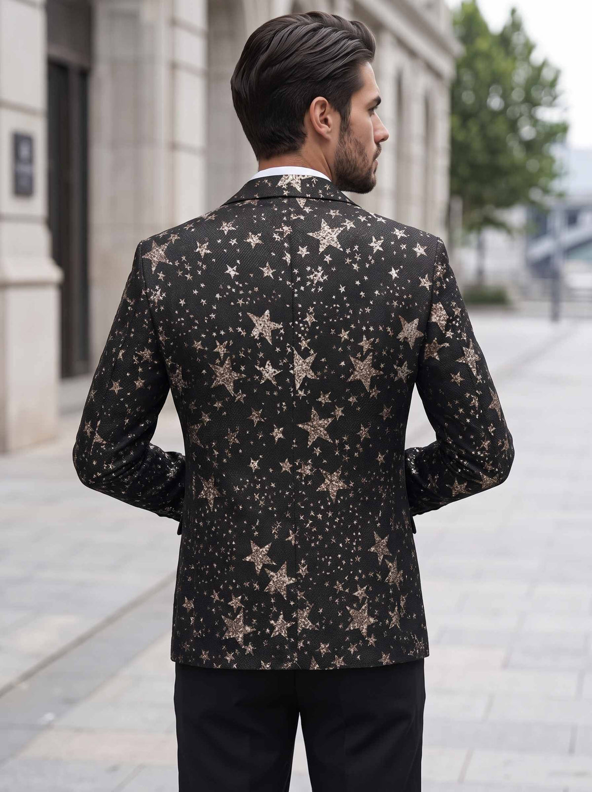 Men's Luxury Black Star Pattern Glitter Blazer Slim Fit Cotton Blend Single Breasted One Button Tuxedo Jacket