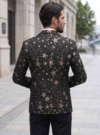 Men's Luxury Black Star Pattern Glitter Blazer Slim Fit Cotton Blend Single Breasted One Button Tuxedo Jacket